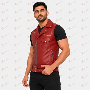Tiierwear Gilet moto en cuir rouge pour homme avec fermeture éclair et ceinture, vêtement d'extérieur de style motard de couleur unie - Product Image 2