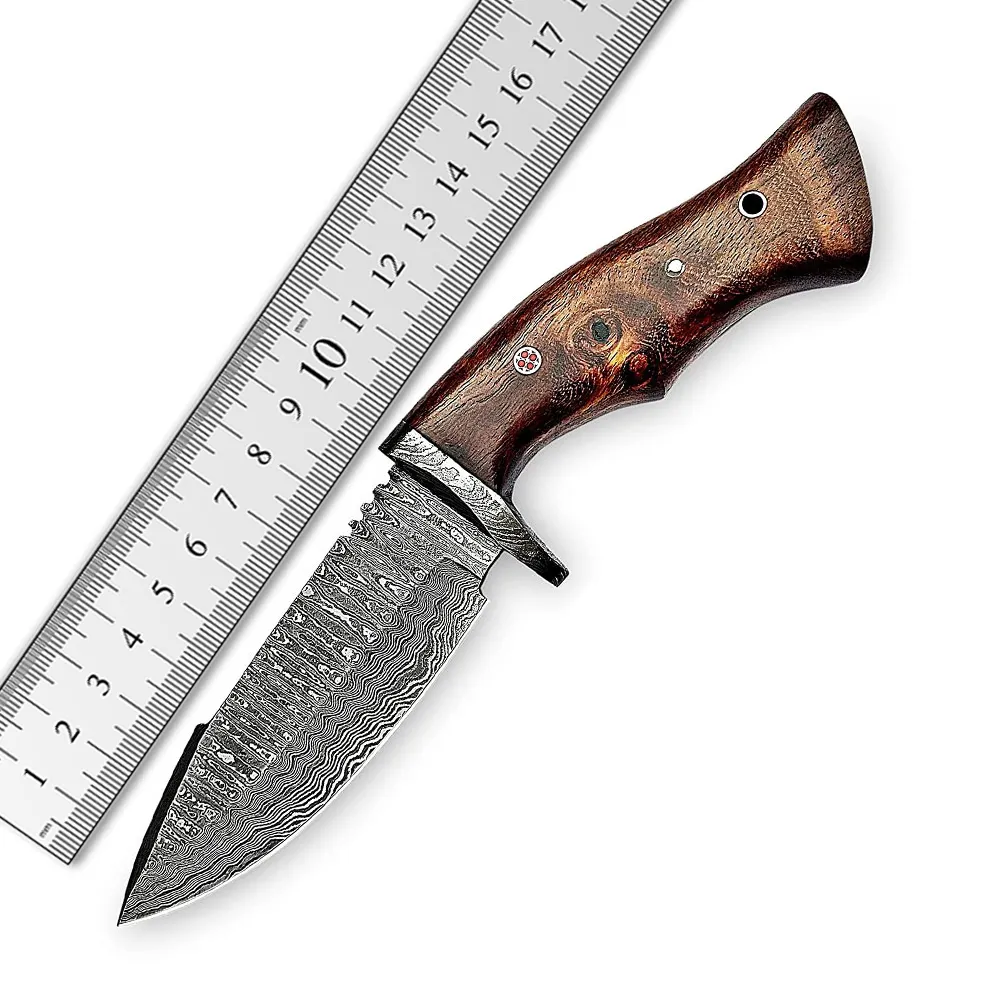 Couteau pliant en acier damas pour camping, couteau de poche, manche en bois de rose avec pochette en cuir