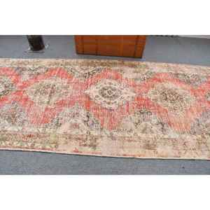 4.7x12.6 ft Vintage Turkish Rug, <b>Runner</b> Rug, <b>Red</b> White Striped Wool Rug - Product Image 2