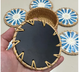 ชุดที่รองแก้วทรงกลม6ชิ้นสำหรับใส่เครื่องดื่มแก้วแบบฝังมุกลายดอกไม้สีเขียว - Product Image 5