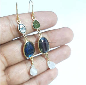 Impressionnant 925 argent et plaqué or Lapis Lazuli gemmes balancent boucle d'oreille populaire lunette ensemble étoile forme rhodium IGI certifié pour cadeau - Product Image 5