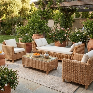 Outdoor <b>Rattan</b> Daybed Lounge <b>Sofa</b> Mahogany Wood Frame Cl <b>Rattan</b> Natural Daphnie Cream Cushion Chaise Lounge Setup Art Design - Product Image 5