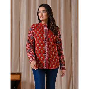 Blusa Elegante de Algodón Estampado Butta Rojo Oscuro para Mujer, Cuello Asimétrico, Botones Delanteros, Encaje Bordado Floral, Corta, Talla XL - Product Image 4