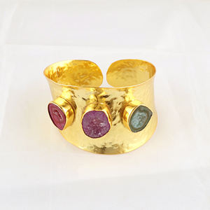 Bracelet large en pierre de géode naturelle, bijoux bohèmes, bracelet ouvert en laiton massif plaqué or 18 carats, vente en gros - Product Image 2