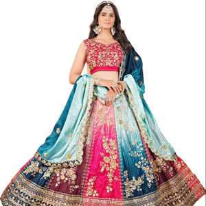 Fiançailles Spécial Multi Couleur Fabriqué À La Main Pur Chinon Soie Tissu Énorme Flair Motif magnifiquement conçu Fantaisie Lehenga Choli - Product Image 1