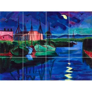 Mural de azulejos de cerámica 'Abend' de Hermann Max Pechstein, arte de pared contra salpicaduras con puerto de barco nocturno en el mar del Océano - Product Image 1