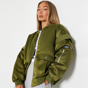 Blouson bomber en satin vert olive pour femme, col montant, fermeture éclair, manches longues, coupe-vent d'automne avec patch New York - Product Image 5