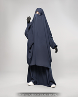Jilbab élégant deux pièces droit et modeste en tissu de laine marine pêche pour femmes, idéal pour le Hajj, l'Omra, la prière, la mosquée et les événements islamiques