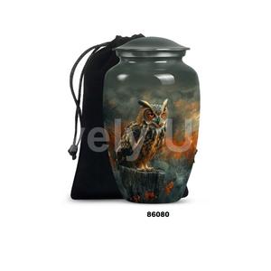 Gran oferta, urna conmemorativa de cremación con tema de búho de aluminio grande para cenizas humanas adultas con tapa y bolsa de terciopelo gratis - Product Image 1