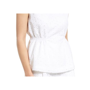 Top da donna taglia XL bianco con occhielli e vita arricciata, in popeline casual con ricami in pizzo, ideale per primavera/estate e ufficio - Product Image 3