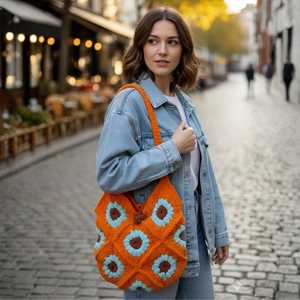 Sac à bandoulière vintage en crochet motif pétale d'automne avec une seule sangle, style bohème, broderie tendance, doublure en polyester, fermeture ouverte - Product Image 2