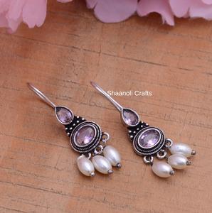 Indian Style Designer Party <b>Favors</b> Silver Oxidized Hook Earrings With Stud Gemstone Work Jhumkas Earring Jewelry for Women - Product Image 3
