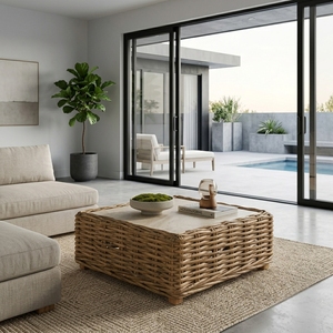 Table basse carrée en rotin naturel tressé avec plateau en pierre de béton, idéale pour la terrasse, décoration artistique pure pour la conception d'intérieur - Product Image 3