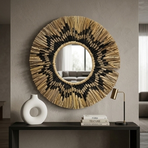 Miroir mural en macramé naturel Mendong, noir, motif aztèque, franges, soleil, rond, suspendu, pour vanité, décoration artistique pure, artisanat, pour la décoration de chambre - Product Image 5