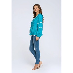 Blusa Tradicional Azul Cielo con Cuello en V y Mangas Abullonadas, 100% Poliéster, Tejido de Secado Rápido para Uso Diario de Mujeres en Verano - Product Image 2