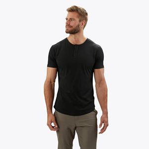 New Design Short Sleeve Henley T-<b>Shirt</b>: 100% Cotton, Solid Black, Curved Hem, Button <b>Collar</b> <b>Men's</b> Tee - Product Image 1