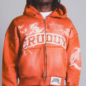 Sweat-shirt personnalisé 100% coton, broderie de patchs usés, impression DTG, strass colorés, ourlet brut délavé au soleil, couture, lavage à l'acide - Product Image 1