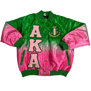 Chaqueta Universitaria de Satén Alpha Kapa Alpha AKA, Chaqueta Bomber Rosa Verde de Hermandad Griega, Chaqueta Universitaria Bordada Personalizada para Mujer - Product Image 2