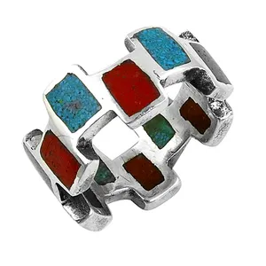 Bague géométrique en argent sterling 925 avec pierres turquoise et rouges, style bohème, bijoux unisexes, cadeau - Product Image 3