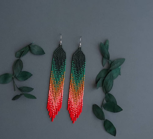 Green Coral and <b>Red</b> Beaded <b>Earrings</b> Chandelier <b>Earrings</b> Gradient Fringe <b>Earrings</b> Ombre Long <b>Earrings</b> Dangle Beadwork <b>Earrings</b> - Product Image 2