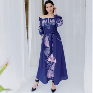 Vestido largo con bordado Floral bohemio para mujer, estilo dulce, informal, primavera y verano, manga larga, sin tirantes, cinturón de cintura Natural tejido sólido - Product Image 1