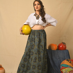 กระโปรงแมกซี่พิมพ์ลายดอกไม้ผ้าฝ้าย100% เรขาคณิตสีครามกระโปรงรวบรวมยาวแบบโบฮีเมียนสไตล์ดั้งเดิม - Product Image 1