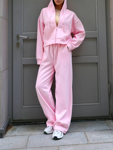 เสื้อแจ็คเก็ตแทรคสูทผู้หญิงแบบโอเวอร์ไซส์ผ้าคอตตอนผสม พิมพ์โลโก้ตามสั่ง พร้อมกางเกงแทรคขาบาน เสื้อฮู้ดดี้ เสื้อผ้าฤดูหนาวสำหรับผู้หญิง - Product Image 5