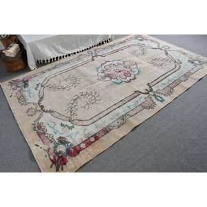 Alfombra turca vintage Beige 5,5 X 9.1ft Tejido plano de lana con patrón de retazos para decoraciones de sala de estar - Product Image 2