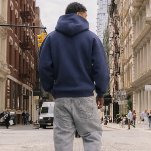 <b>Mens</b> Dark Blue Oversized <b>Hoodie</b> Pullover 50% Cotton 50% Polyester Drop Shoulder Streetwear Relaxed Fit Winter Sweatshirt - Product Image 4