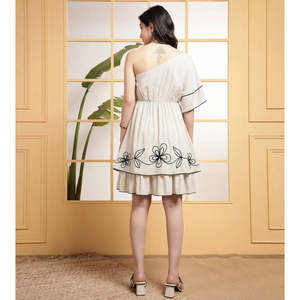 DEEBACO Women's Rayon Knee Length One Shoulder Asymmetric Tiered Embroidered Stylish One Piece <b>Dress</b> - Product Image 4
