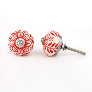 Bouton de meuble en céramique avec motif floral rouge sur fond blanc Base en métal argenté pour commode et tiroirs de cuisine - Product Image 2