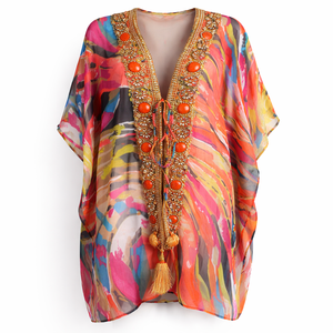 Regal <b>Mosaic</b> Embellished Kaftan Top V Neckline Drawstring Waist Natural Waistline Woven and Washable Feature - Product Image 1