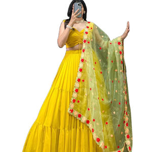 Pure Fox Georgette bordado Color amarillo brillante liso y gran estilo noche Noche fiesta desgaste precioso Lahenga Choli conjunto - Product Image 1