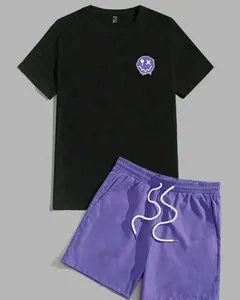 ชุดวอร์มผ้าฝ้าย2ชิ้นสำหรับผู้ชายชุดเสื้อยืดและกางเกงขาสั้นสไตล์สตรีทแวร์ล้างด้วยกรดออกแบบโลโก้ด้านหน้าได้ตามต้องการ - Product Image 1