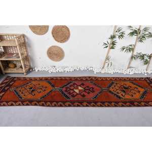 2.8x10.2 ft Rug, Vintage Turkish Rug, <b>Red</b> Black Camouflage <b>Wool</b> Rug - Product Image 3