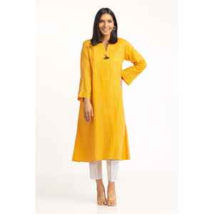 Camisa Jacquard Teñida de Amarillo para Mujer, Estilo Vintage, Popelina de Seda y Algodón, Logotipo Bordado, Transpirable, Manga Media, Talla XL, para Otoño - Product Image 1