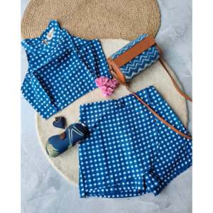 Falda pantalón azul de tela Oxford de algodón puro con cintura elástica transpirable de talle alto - Product Image 2