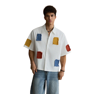 Men's Summer Casual <b>Patchwork</b> Short Sleeve <b>Shirt</b> Loose Fit Colorblock Lapel Collar Woven Button Up Streetwear - Product Image 1