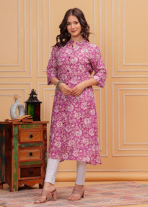 เสื้อคุระตะสีเขียวอ่อนพิมพ์ลายดอกไม้แบบทันสมัยสำหรับผู้หญิงเสื้อผ้าอินเดียผ้าเรยอนผ้าฝ้ายแท้ - Product Image 4