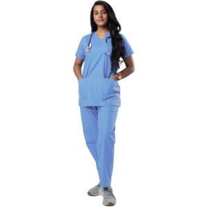 Women Blue Scrub Set V-Neck <b>Top</b> With Pockets And Straight Leg Pants Hospital Uniform Woven Fabric Cotton Polyester Mix - Product Image 4