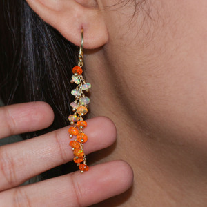 925 Sterling Silver Orange Opal Beaded <b>Long</b> Cluster Dangle <b>Earrings</b> Handmade Trendy Birthstone Jewelry for Wedding Party Gift - Product Image 2