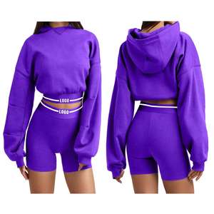 Promotion <b>Top</b> Selling Best Price Women Winter <b>Crop</b> <b>Top</b> Hoodie Short Set Lightweight Customized Front Logo 100% Cotton Fleece - Product Image 1