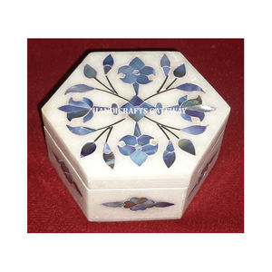 Boîte à bijoux de travail d'incrustation de marbre blanc de nacre bleue de forme hexagonale meilleure finition pour les boîtes de rangement de bijoux à bas prix - Product Image 1