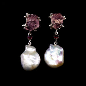 Boucles d'oreilles à la mode suspendues en argent sterling 925 Tourmaline baroque perle Dangler pierres précieuses brutes dames - Product Image 2
