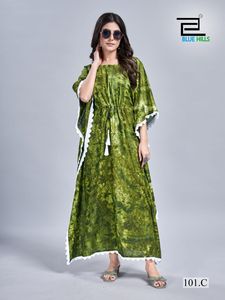 Elegante vestido largo Kaftan con tinte de corbata con silueta fluida y borde de encaje delicado para un aspecto bohemio y elegante - Product Image 6