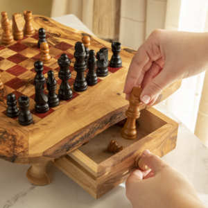 Rustic Wooden <b>Chess</b> <b>Board</b> Table with Legs & Storage Drawers, Red Squares, 28–50 cm, Wholesale - Product Image 4