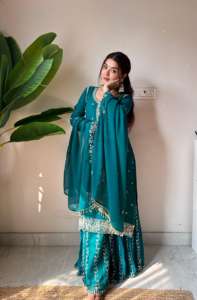 Traje Gharara de Alta Calidad Especial para Eid, en Faux Georgette con Lentejuelas y Bordado, Traje Sharara Pesado - Product Image 6