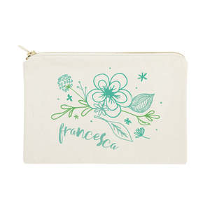 Personalized Name Aqua Floral Cosmetic Bag Lovely Travel Make up Pouch Organizer Convenient <b>Makeup</b> <b>Case</b> - Product Image 1