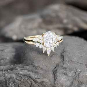 Oval Moissanite Engagement Ring Set Vintage Unique 925 Sterling Silver 14K Gold Plated Marquise Cluster Bridal Ring - Product Image 5