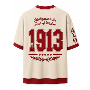 เดลต้า ซิกมา ทีต้า DST 1913 เสื้อยืดแขนสั้นสีแดงผู้ชายเสื้อลำลองผ้าฝ้ายคอกลมทรงโอเวอร์ไซส์ตัดเย็บแบบคอนทราสต์ - Product Image 3